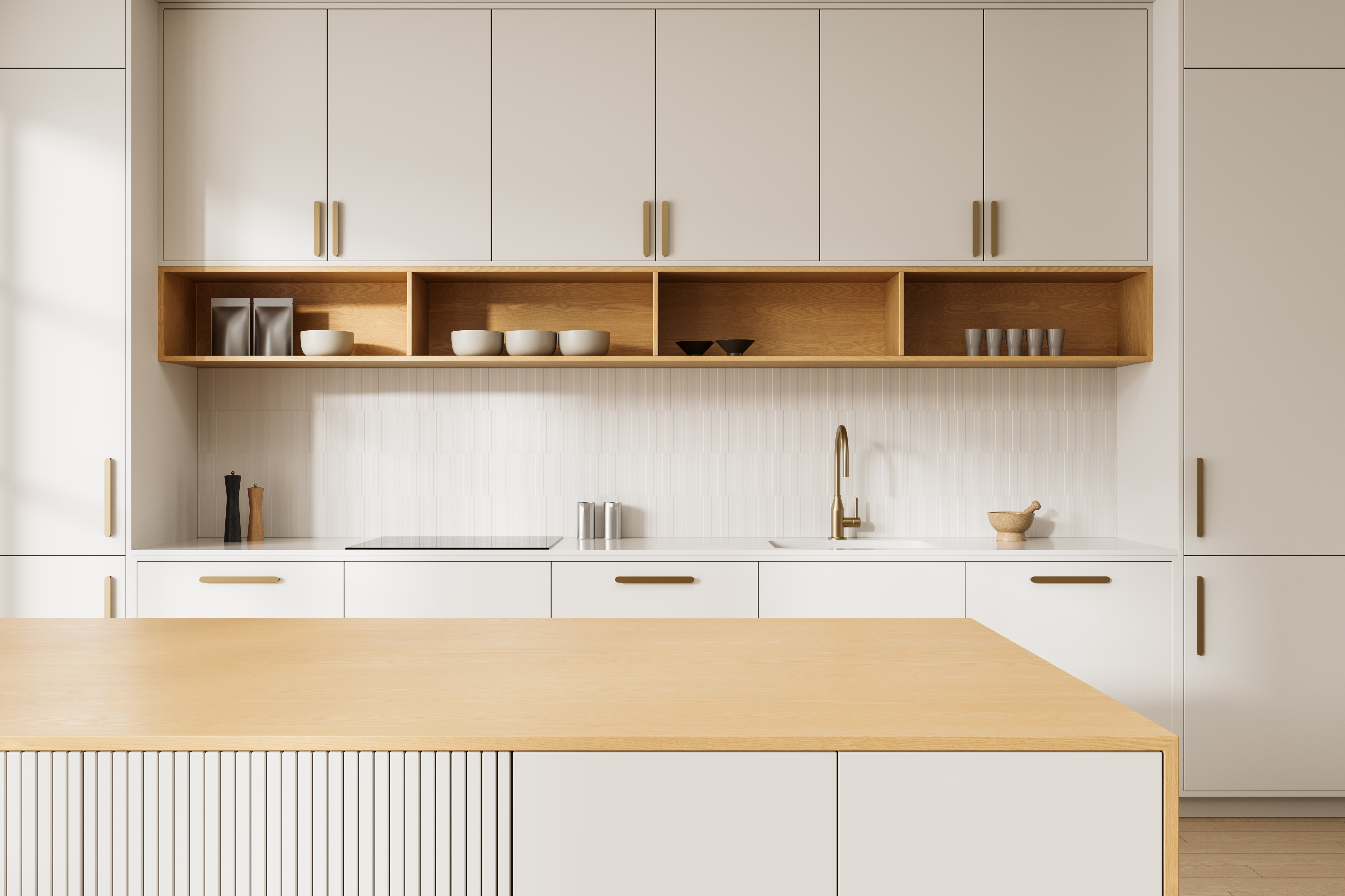 Modern kitchen interior with minimalist styling on a light neutral background, concept of elegant home design and function. 3D Rendering
