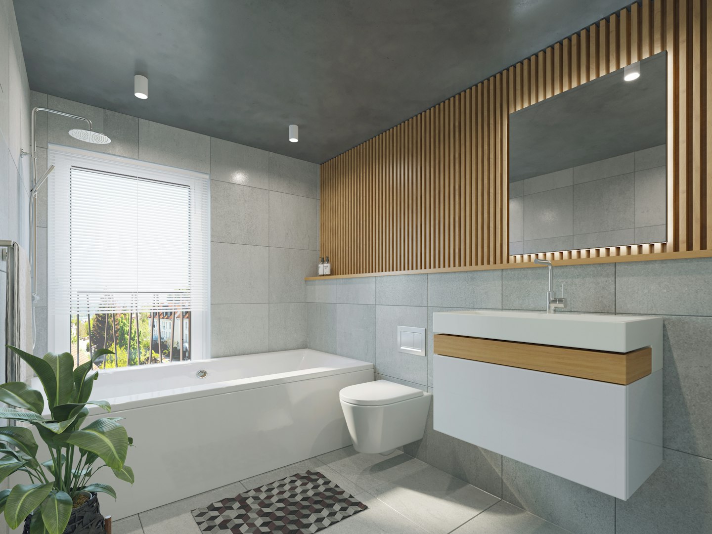 Modern bathroom in white with shower tub with hexagonal tile and gold brass fixtures